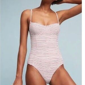 Onia Isabella One Piece Swimsuit red and white pinstripe textured size large